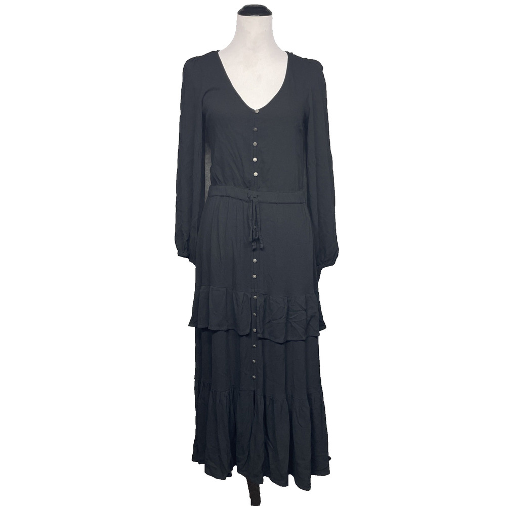 American Eagle Womens M Black Tiered Midi Dress Long Sleeve Button Front Witchy